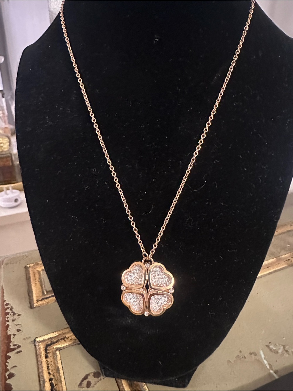 Rose Gold Four-Leaf Clover Pendant Necklace with Pavé Crystals
